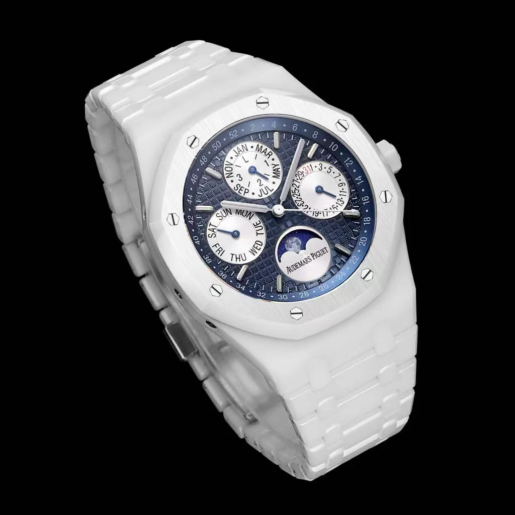 Audemars Piguet Royal Oak Moon Phase Tapisserie Ceramic White Dial — photographed off the sweep