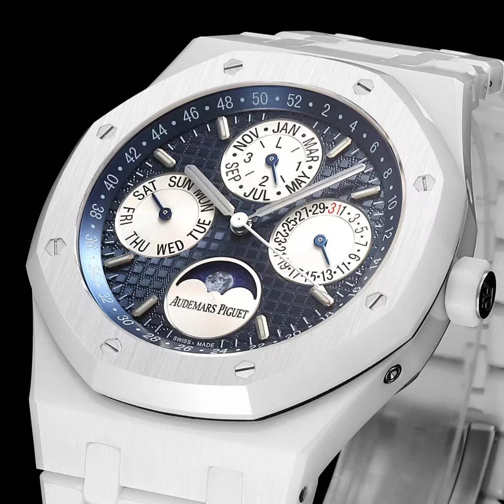 Audemars Piguet Royal Oak Moon Phase Tapisserie Ceramic White Dial — photographed off the sweep