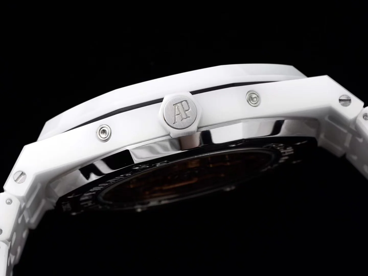 Audemars Piguet Royal Oak Moon Phase Tapisserie Ceramic White Dial — photographed off the sweep