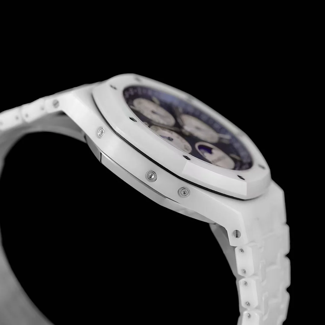Audemars Piguet Royal Oak Moon Phase Tapisserie Ceramic White Dial — photographed off the sweep