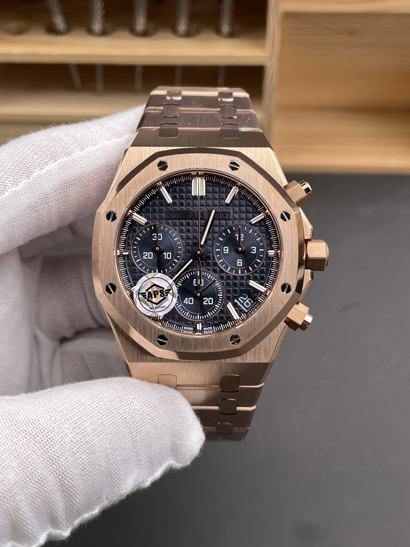 Audemars Piguet Royal Oak Rose Gold Blue Dial 26240 — photographed off the sweep
