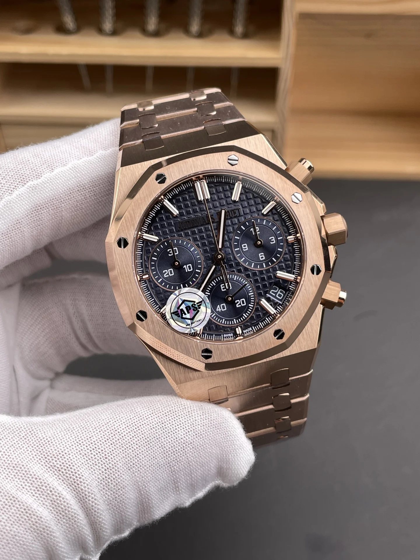 Audemars Piguet Royal Oak Rose Gold Blue Dial 26240 — photographed off the sweep