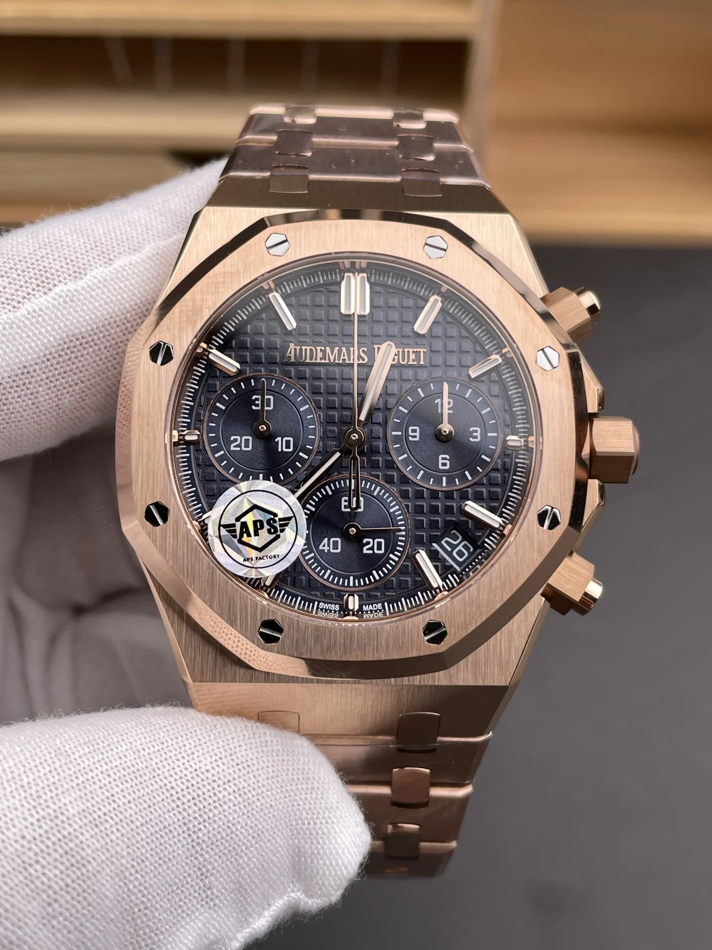 Audemars Piguet Royal Oak Rose Gold Blue Dial 26240 — photographed off the sweep