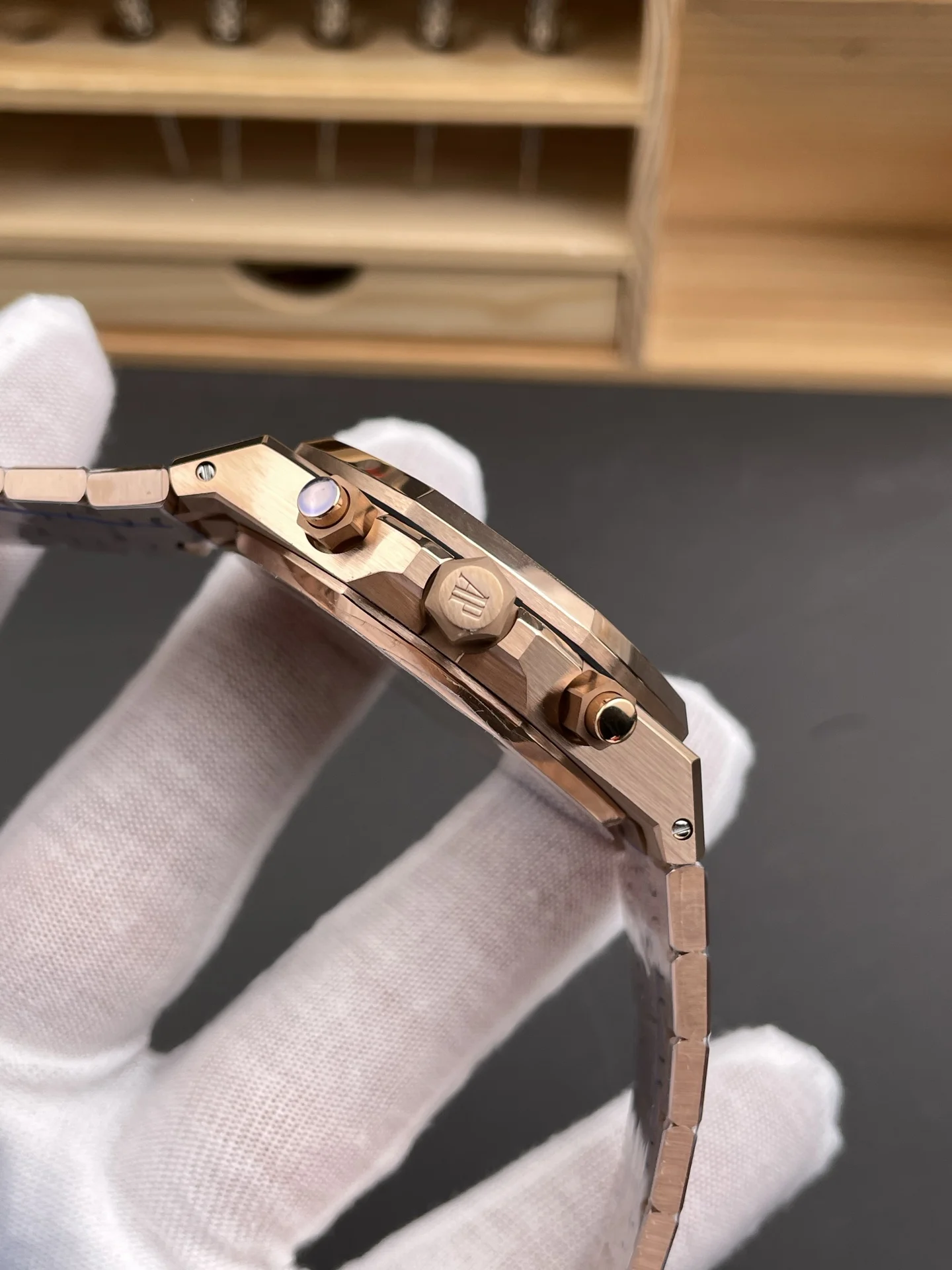 Audemars Piguet Royal Oak Rose Gold Blue Dial 26240 — photographed off the sweep
