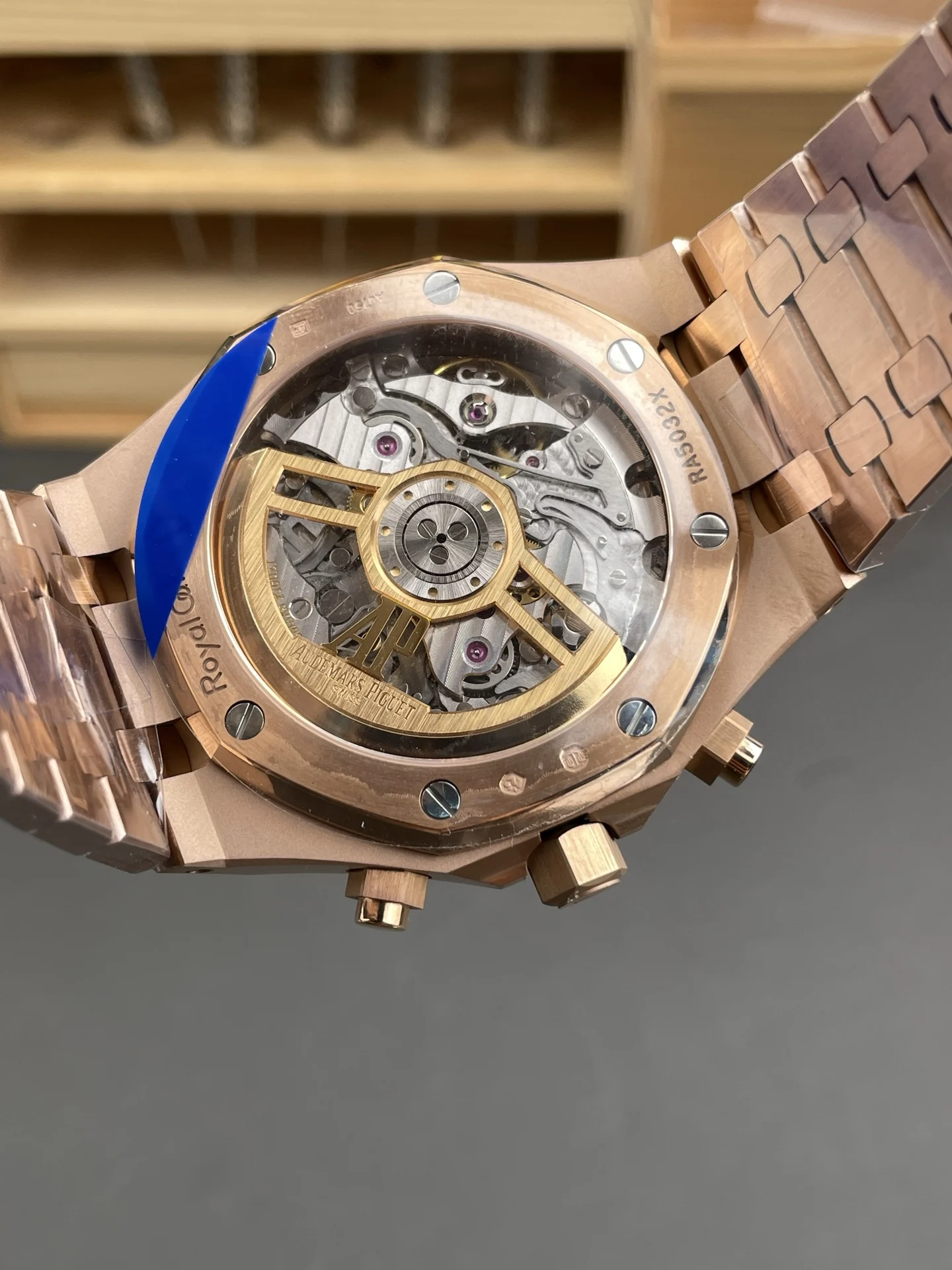Audemars Piguet Royal Oak Rose Gold Blue Dial 26240 — photographed off the sweep