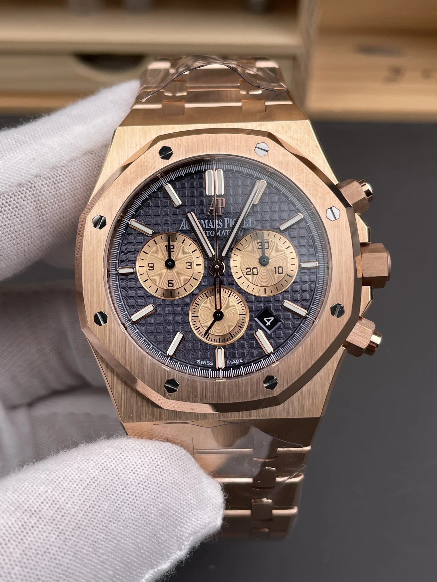 Audemars Piguet Royal Oak Rose Gold Blue Dial 26331OR 41mm — photographed off the sweep