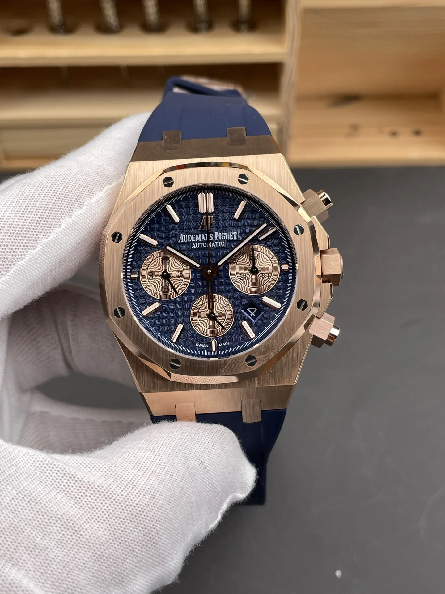 Audemars Piguet Royal Oak Rose Gold Blue Dial 26331OR 41mm — photographed off the sweep
