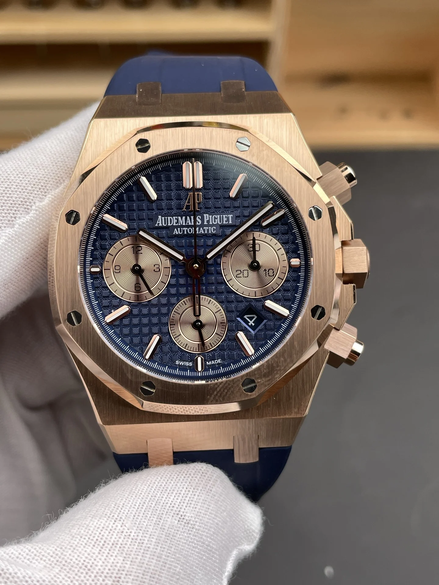 Audemars Piguet Royal Oak Rose Gold Blue Dial 26331OR 41mm — photographed off the sweep