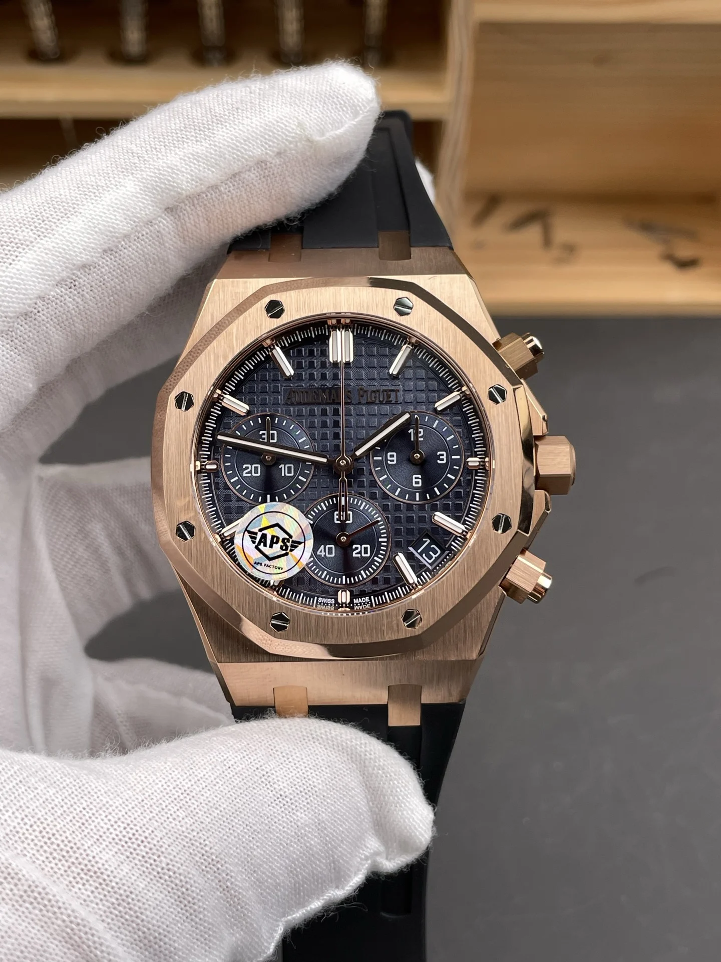 Audemars Piguet Royal Oak Rose Gold Blue Dial — photographed off the sweep