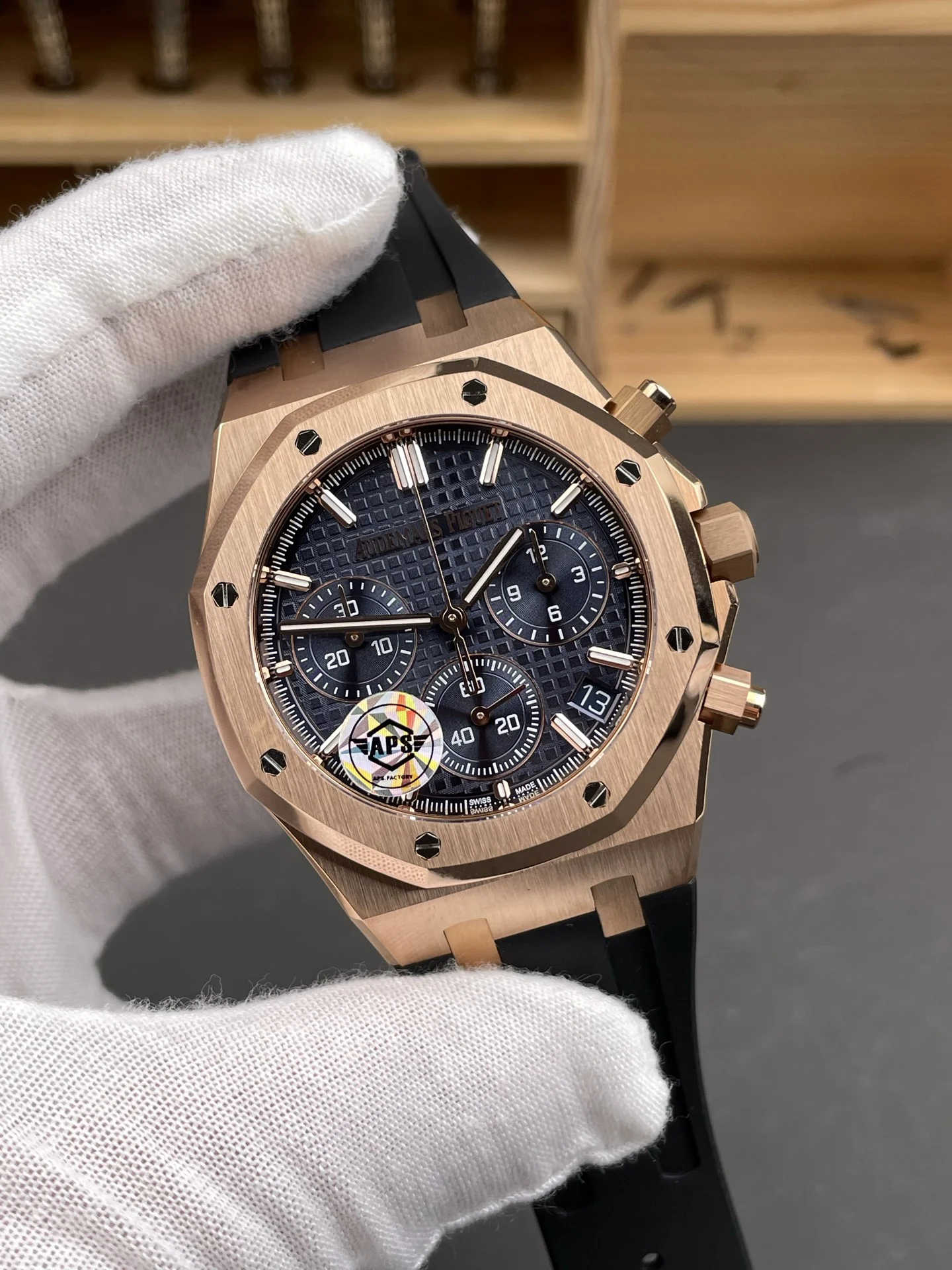 Audemars Piguet Royal Oak Rose Gold Blue Dial — photographed off the sweep