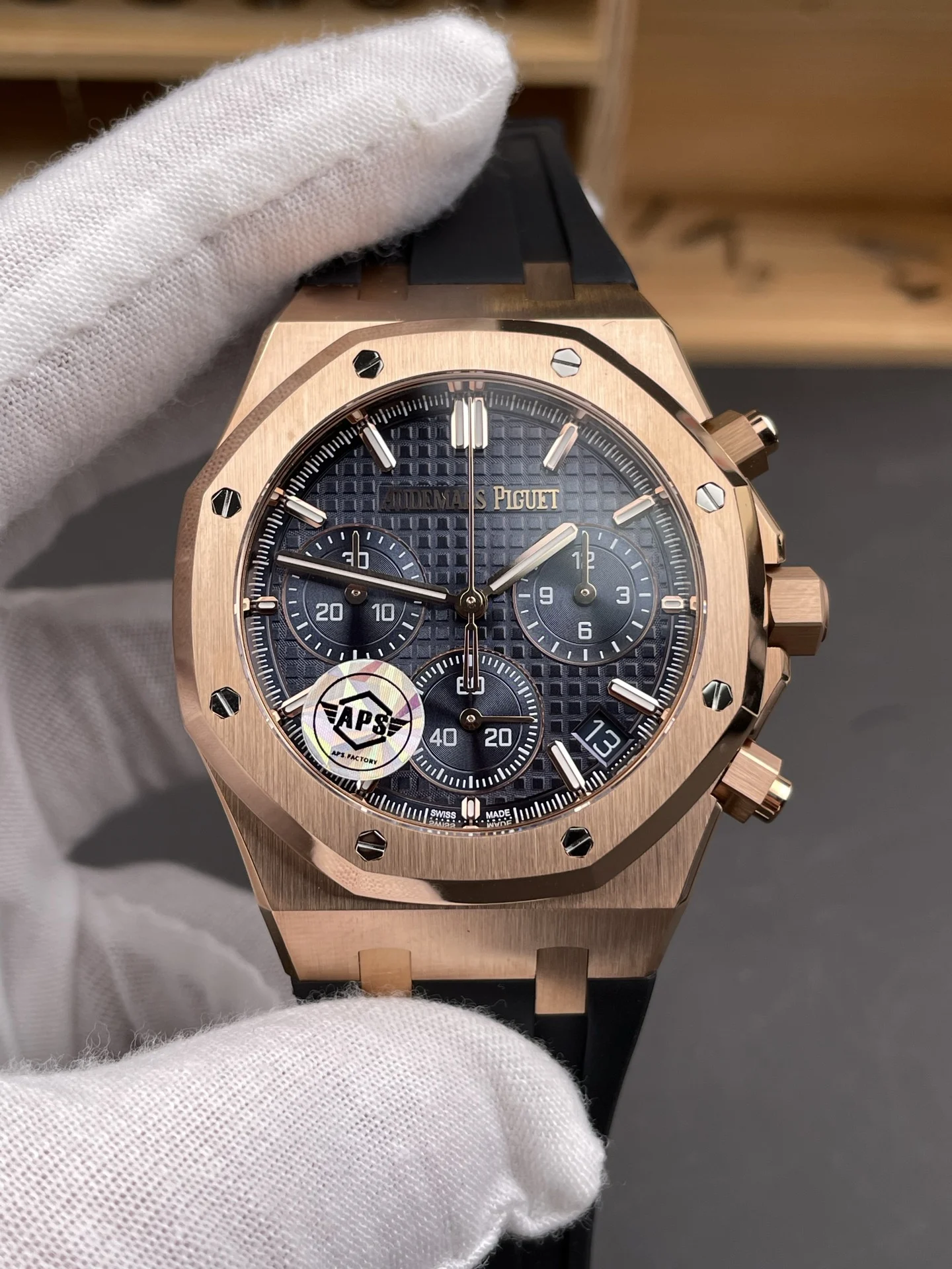 Audemars Piguet Royal Oak Rose Gold Blue Dial — photographed off the sweep