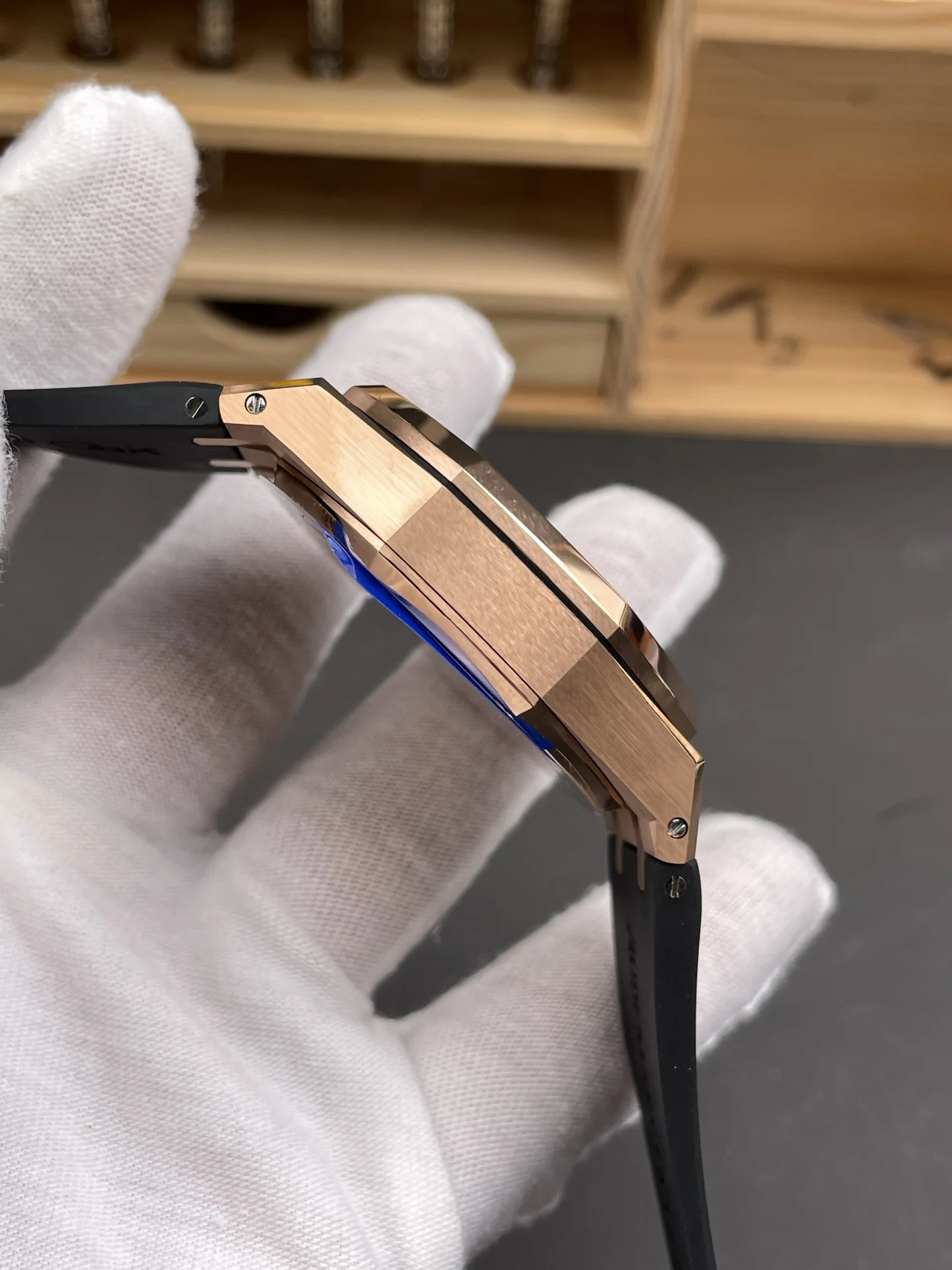 Audemars Piguet Royal Oak Rose Gold Blue Dial — photographed off the sweep