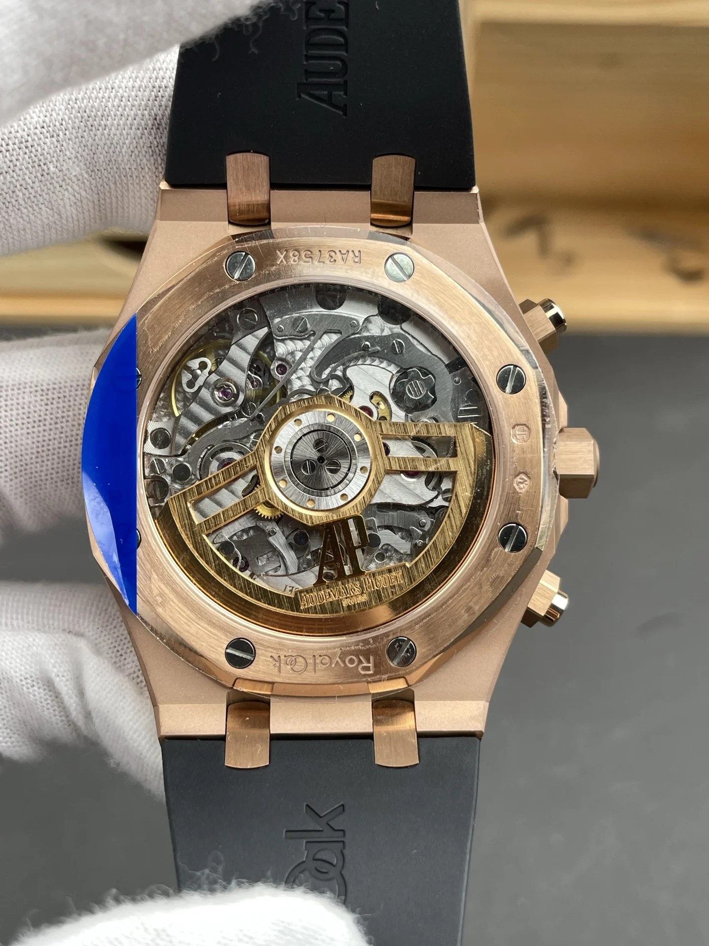 Audemars Piguet Royal Oak Rose Gold Blue Dial — photographed off the sweep