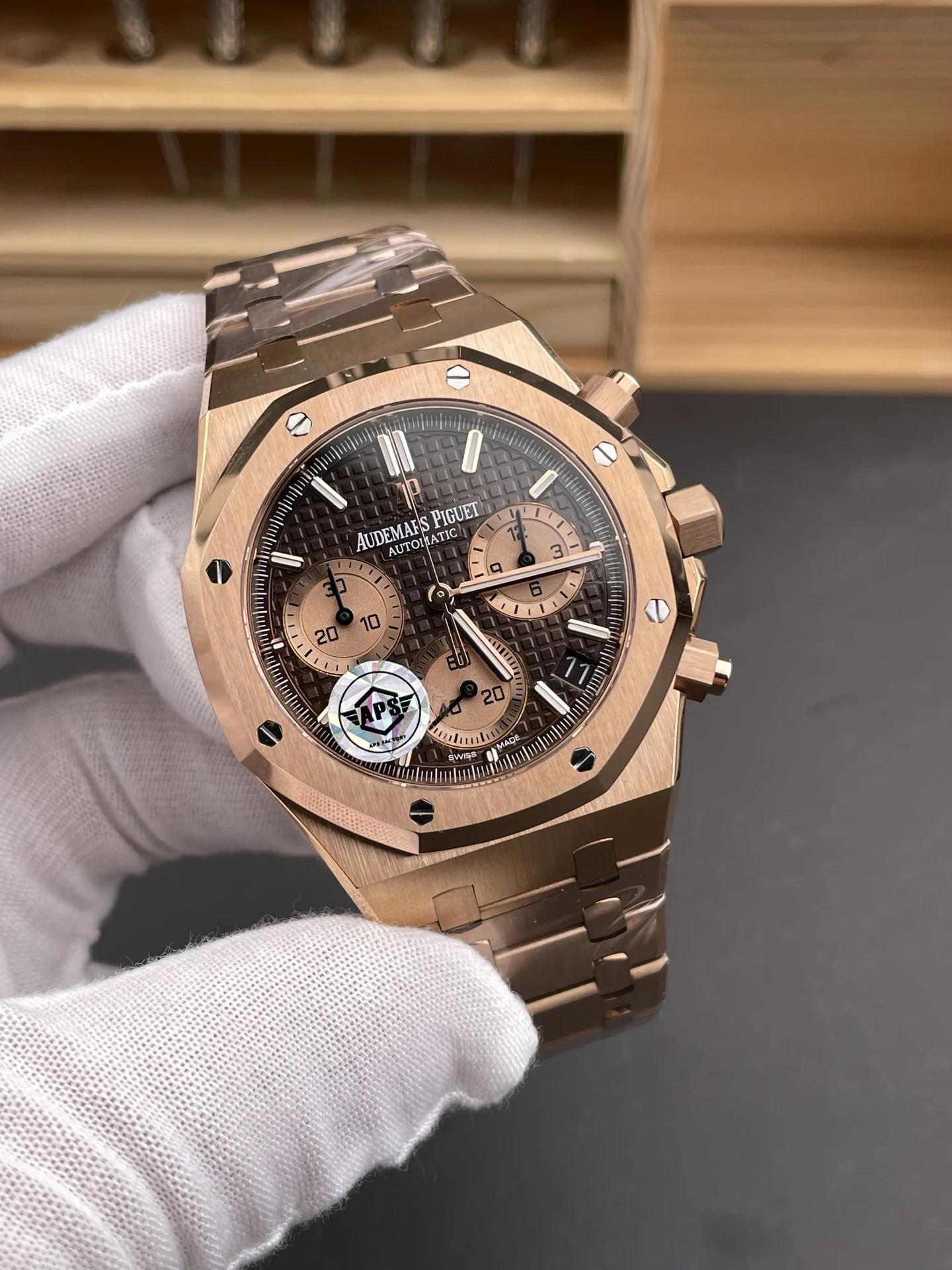 Audemars Piguet Royal Oak Rose Gold Brown Dial 26240 — photographed off the sweep