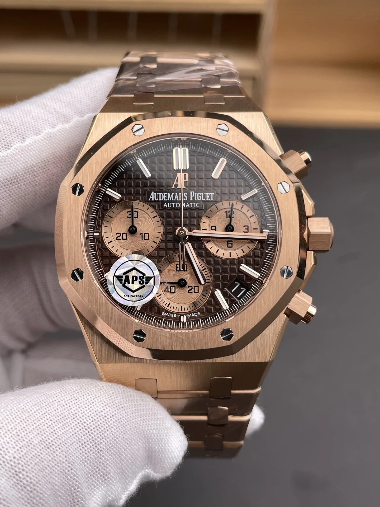 Audemars Piguet Royal Oak Rose Gold Brown Dial 26240 — photographed off the sweep