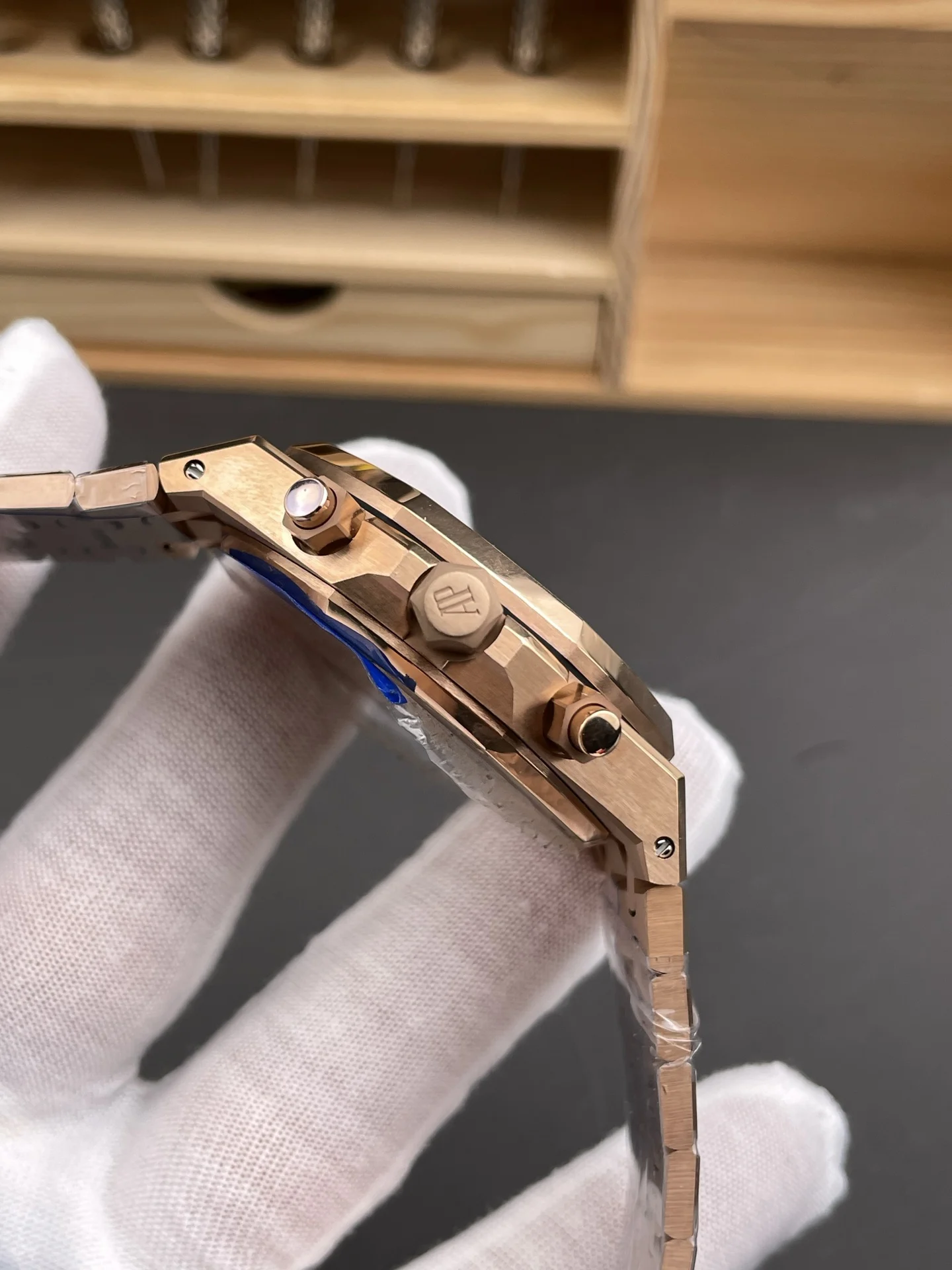 Audemars Piguet Royal Oak Rose Gold Brown Dial 26240 — photographed off the sweep