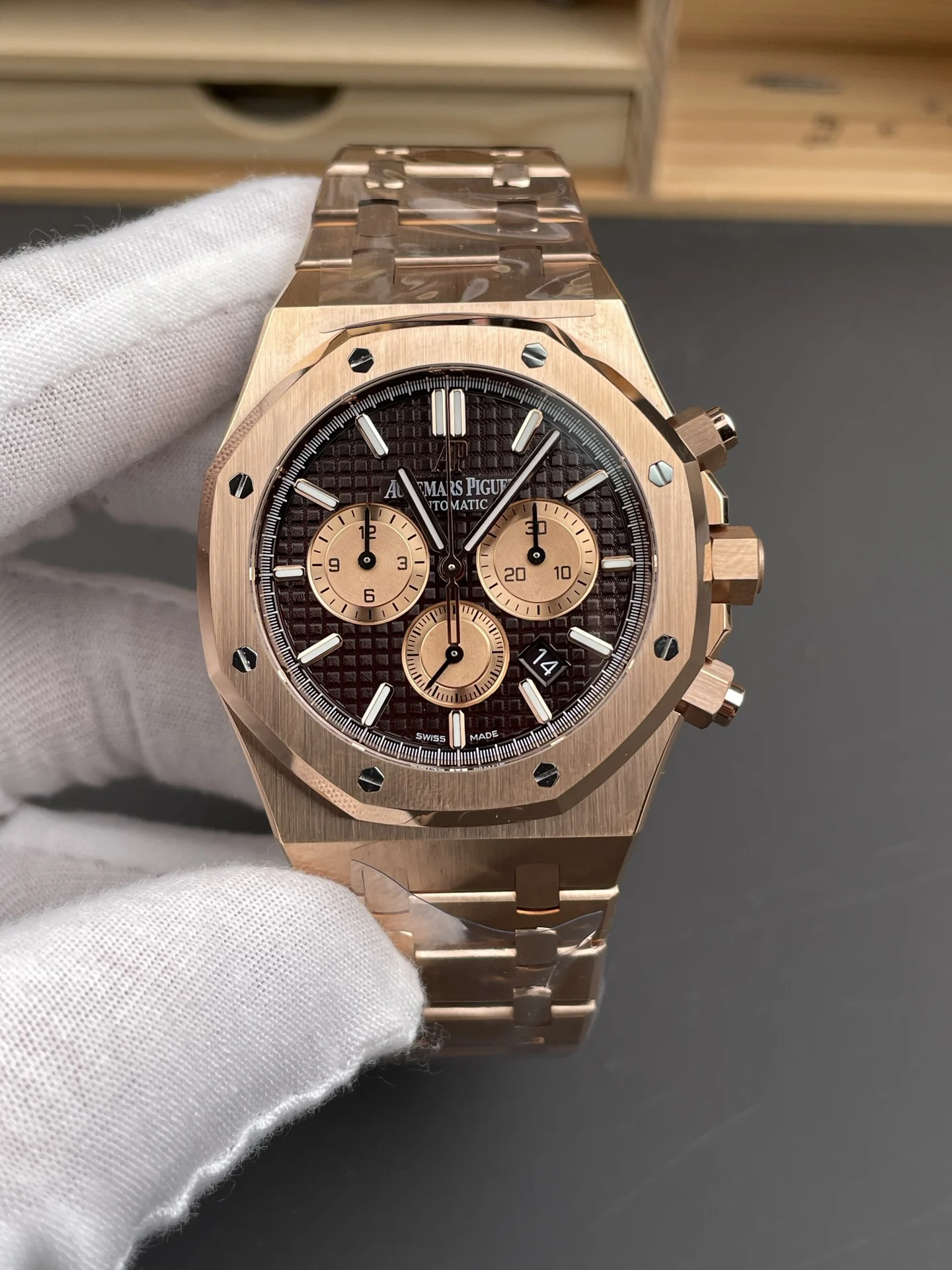 Audemars Piguet Royal Oak Rose Gold Brown Dial 26331OR — photographed off the sweep