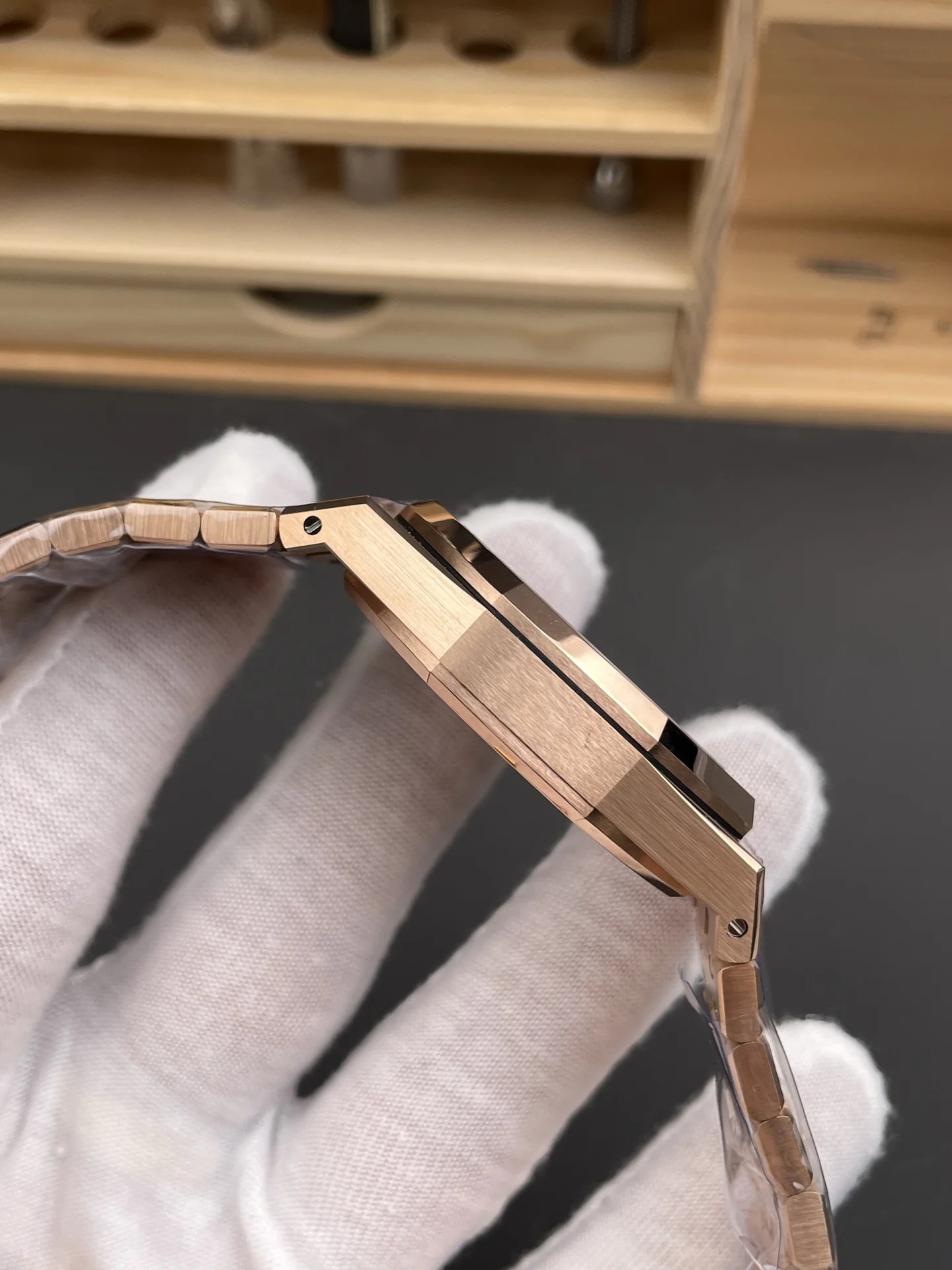 Audemars Piguet Royal Oak Rose Gold Brown Dial 26331OR — photographed off the sweep