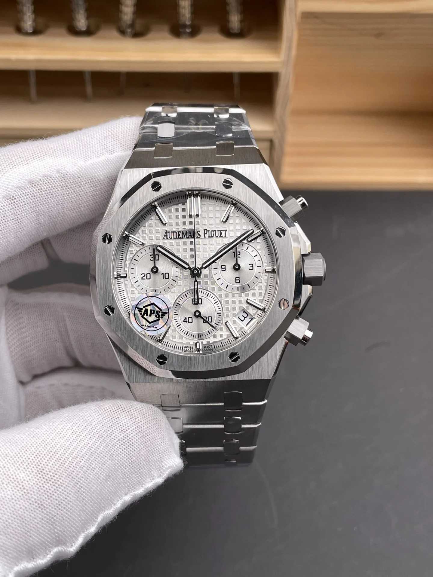 Audemars Piguet Royal Oak White Dial — photographed off the sweep