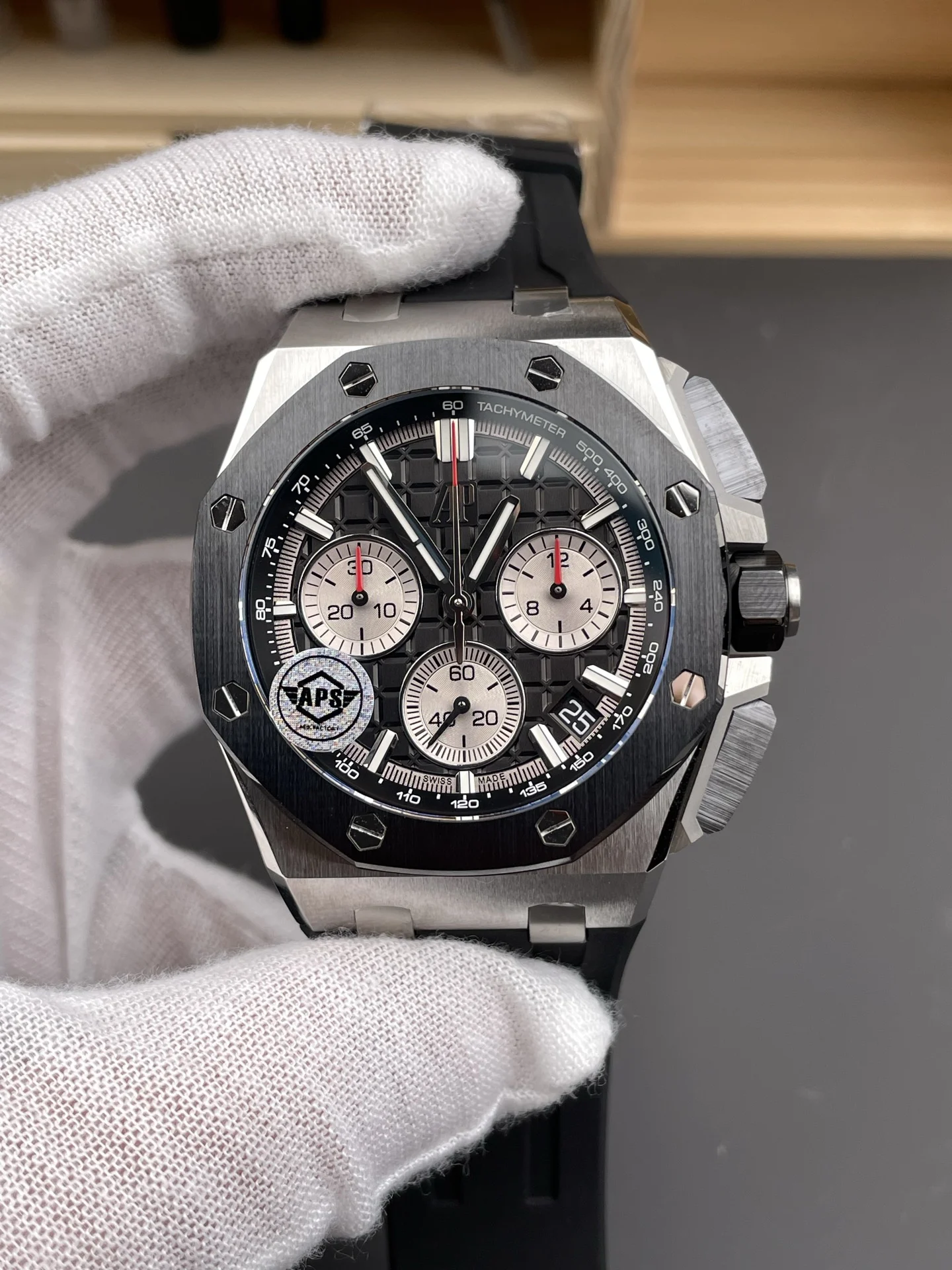 Audemars Piguet Steel Black Dial 26420 — photographed off the sweep