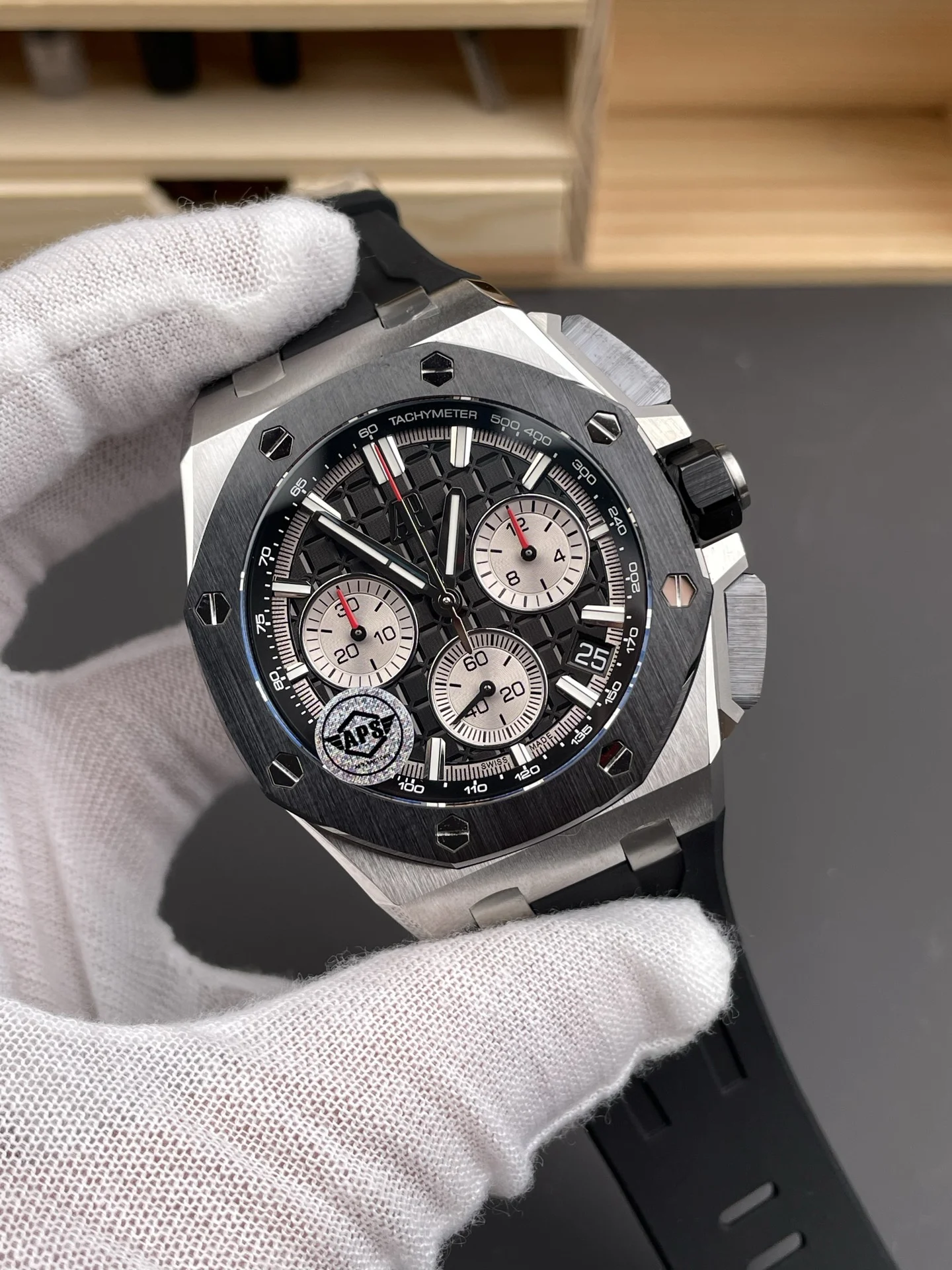 Audemars Piguet Steel Black Dial 26420 — photographed off the sweep
