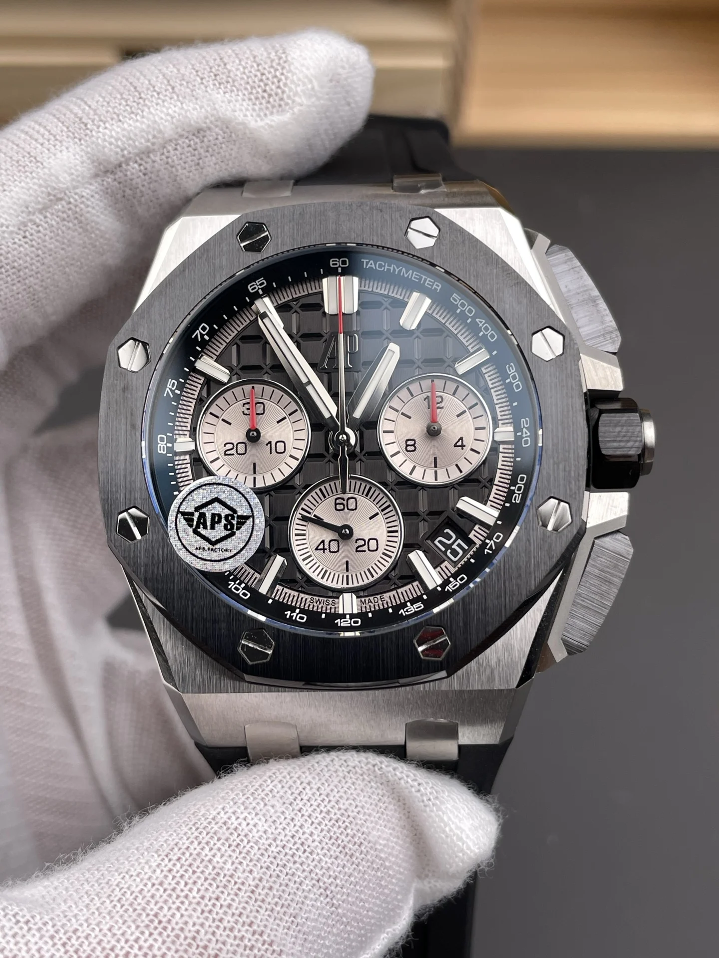 Audemars Piguet Steel Black Dial 26420 — photographed off the sweep