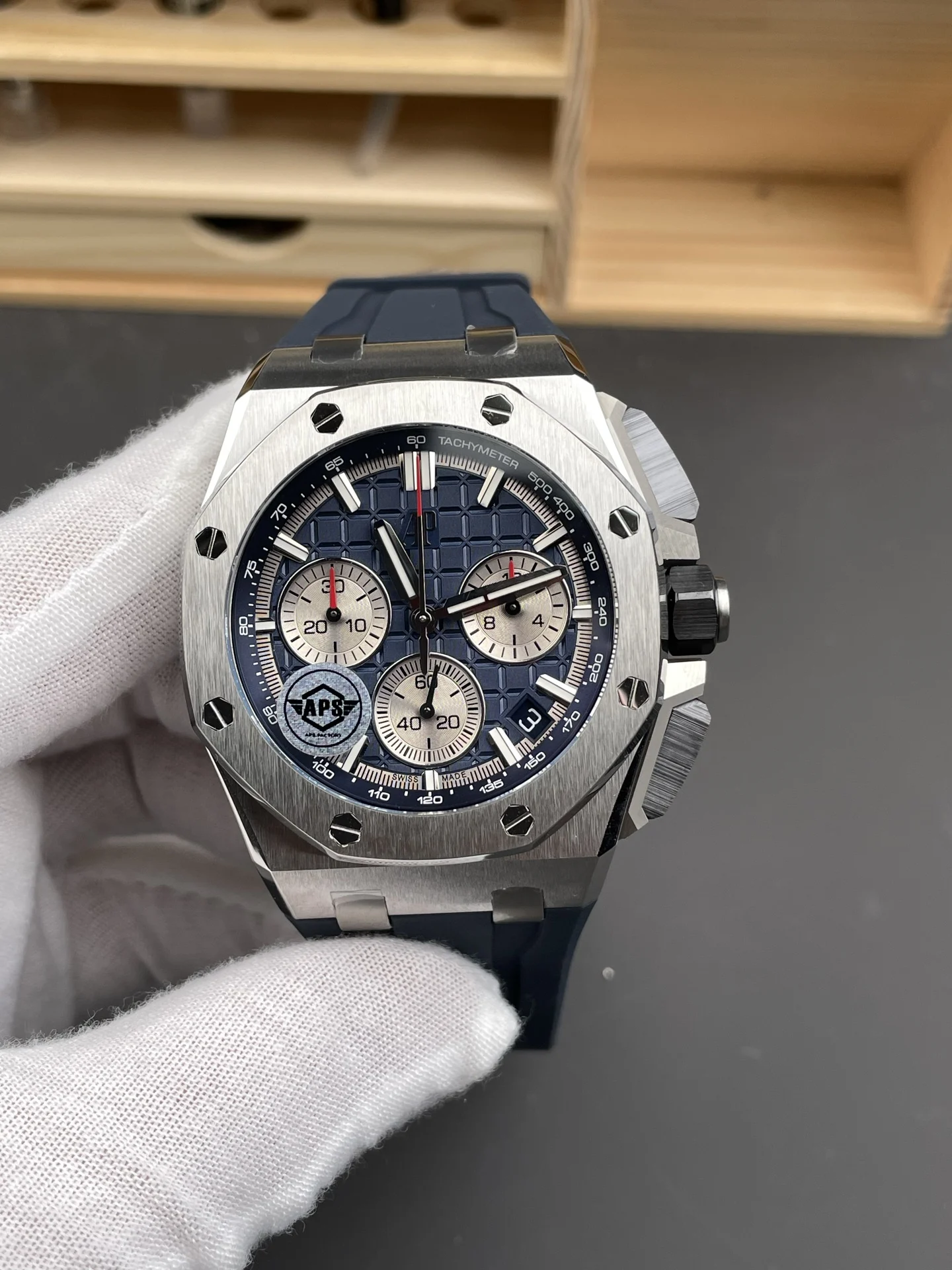 Audemars Piguet Steel Blue Dial 26420 — photographed off the sweep