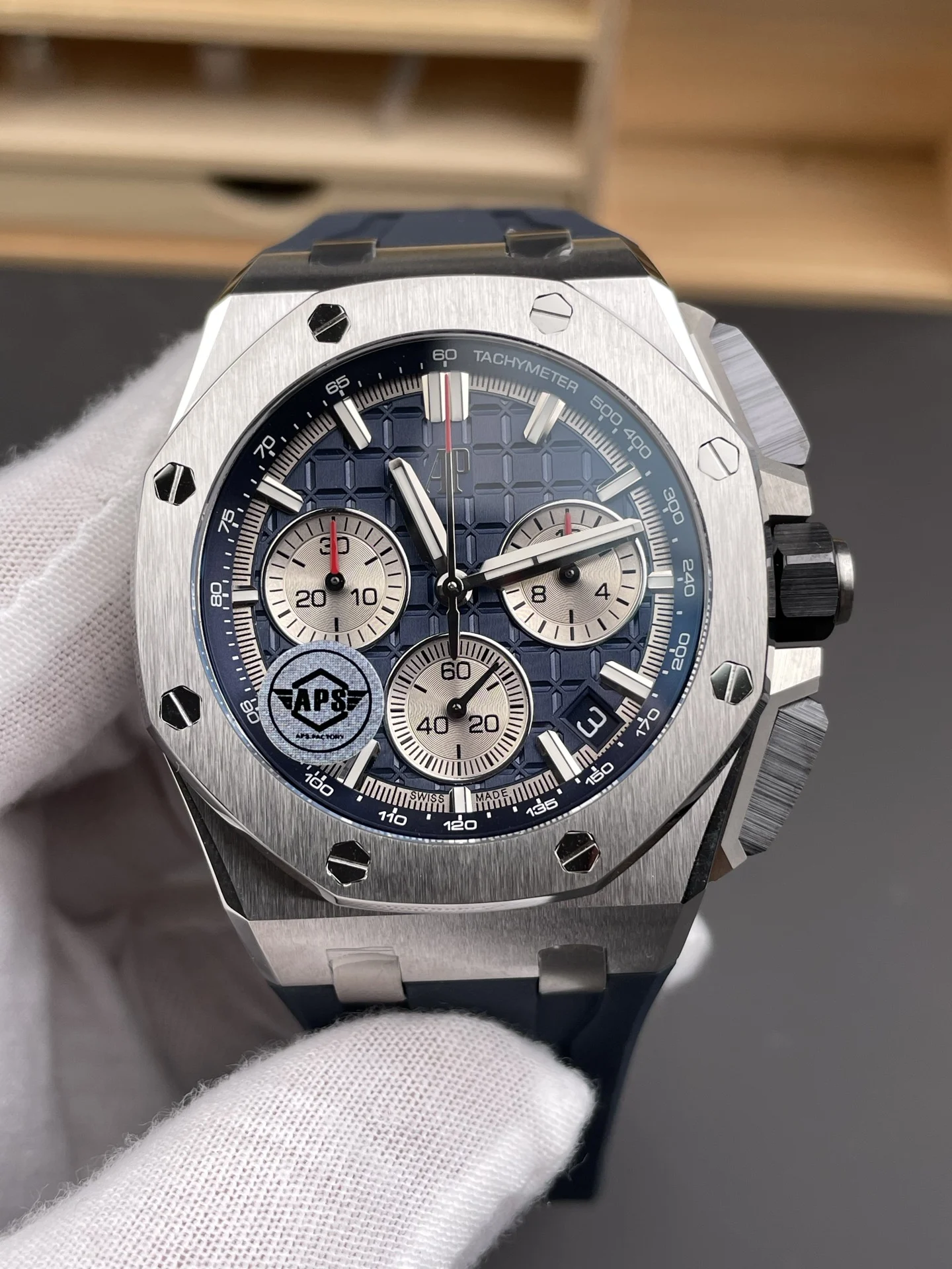 Audemars Piguet Steel Blue Dial 26420 — photographed off the sweep