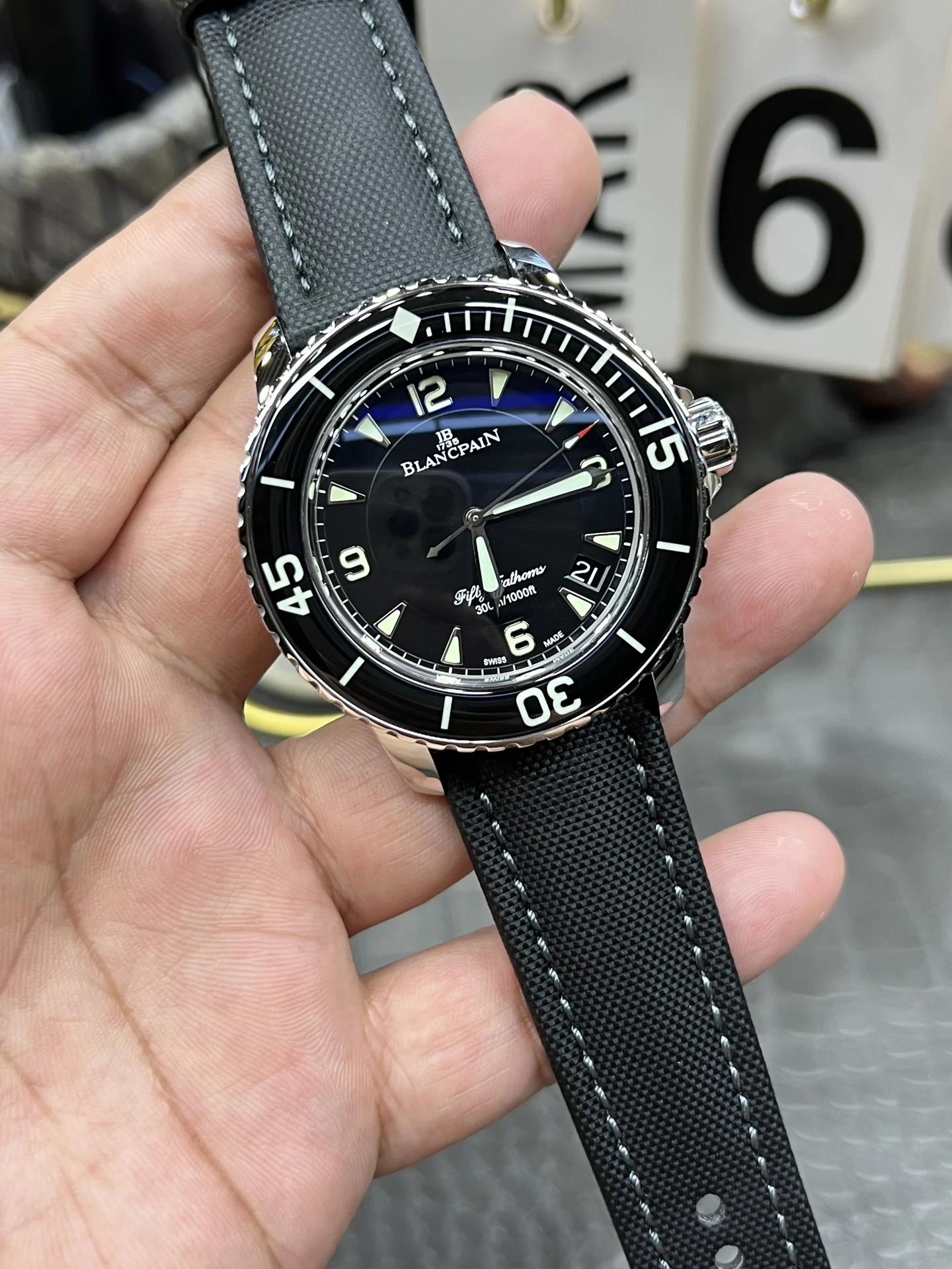 Blancpain Fifty Fathoms 45mm — photographed off the sweep