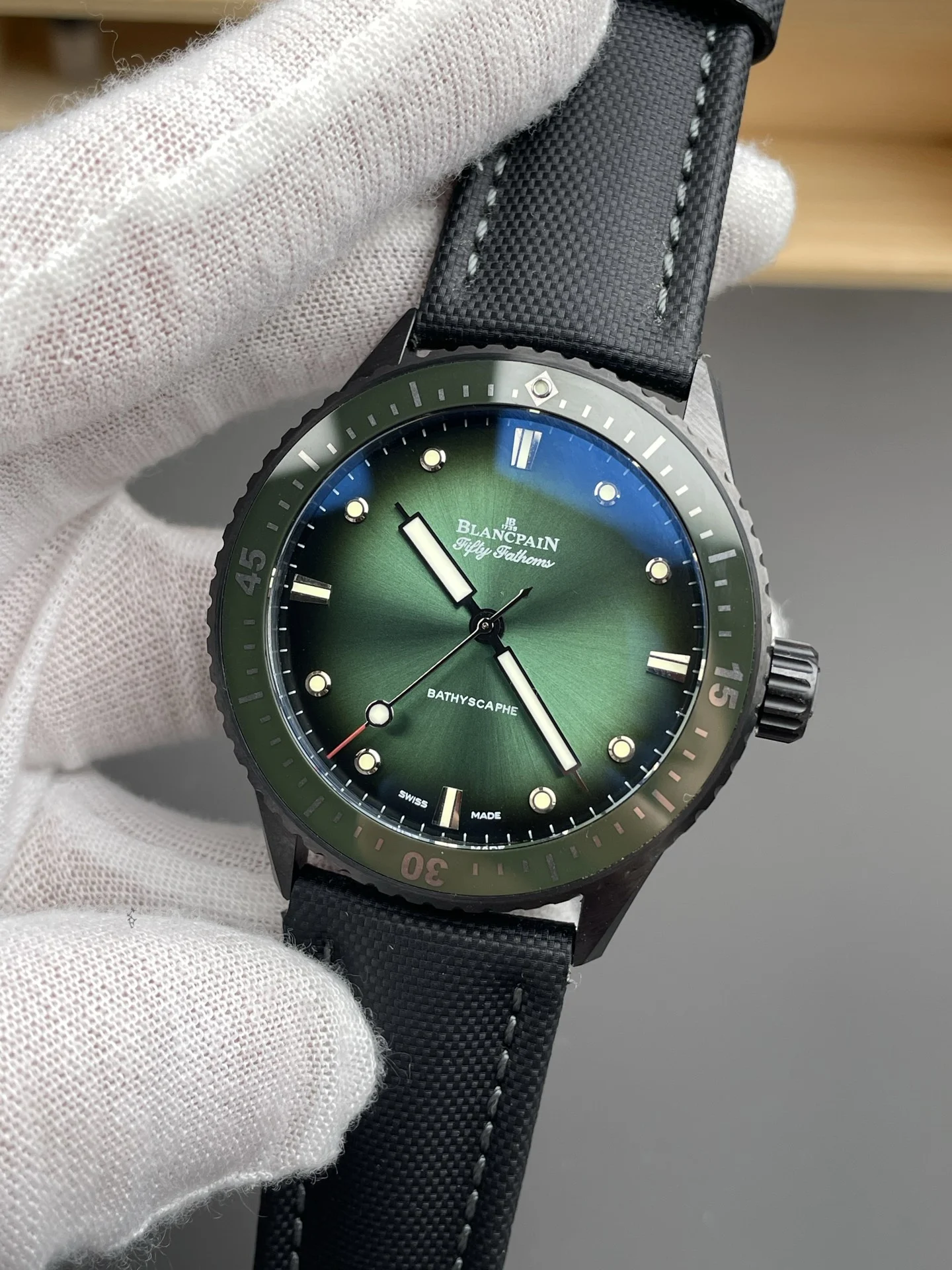 Blancpain Fifty Fathoms Ceramic Green Dial — photographed off the sweep