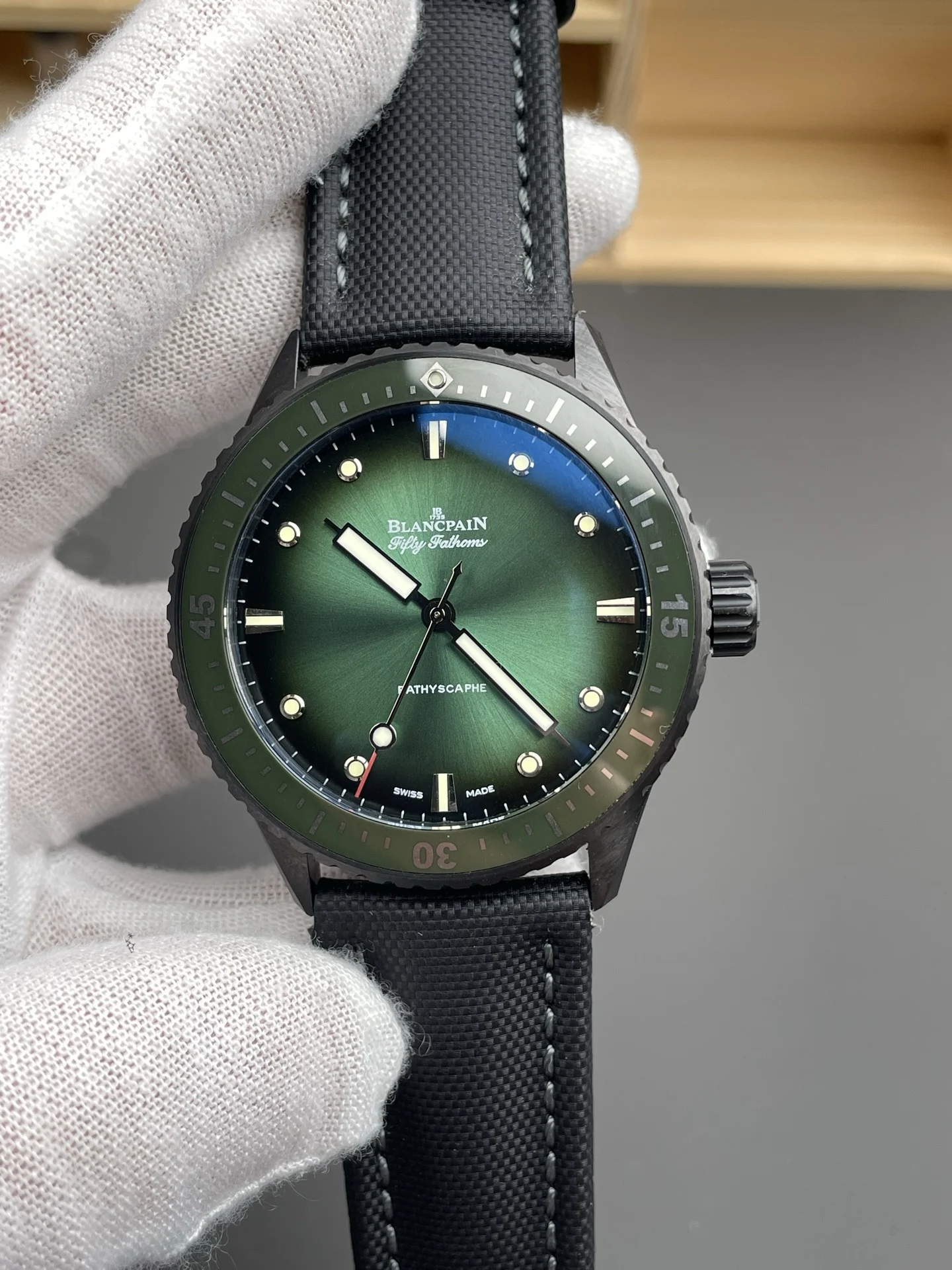 Blancpain Fifty Fathoms Ceramic Green Dial — photographed off the sweep