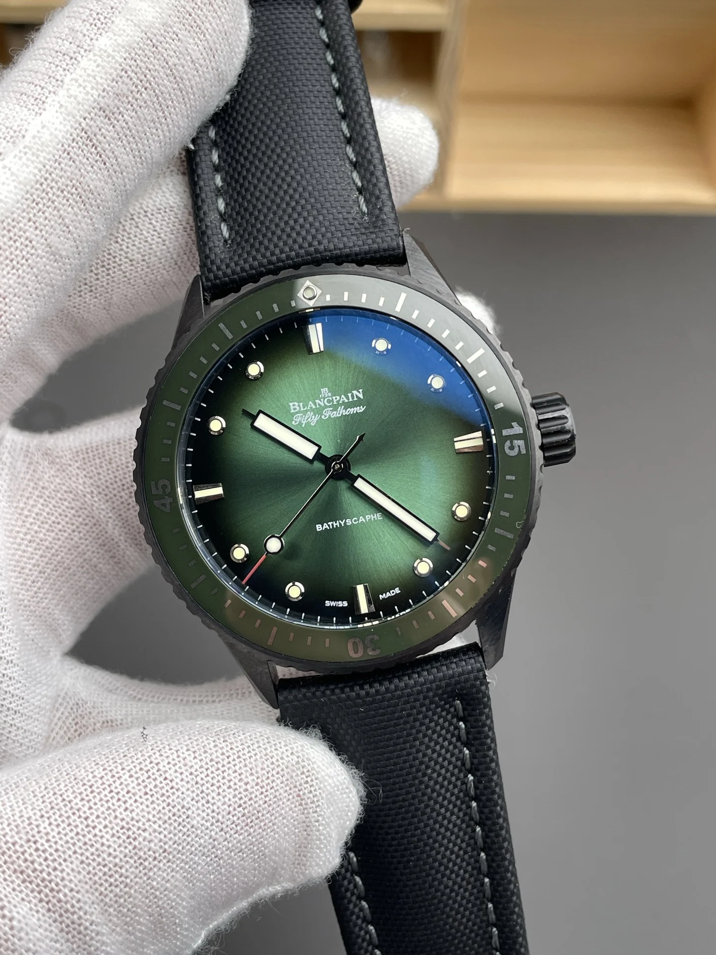 Blancpain Fifty Fathoms Ceramic Green Dial — photographed off the sweep