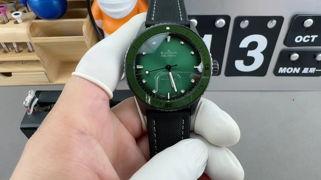 Blancpain Fifty Fathoms Green Dial — photographed off the sweep