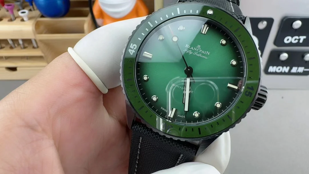 Blancpain Fifty Fathoms Green Dial — photographed off the sweep