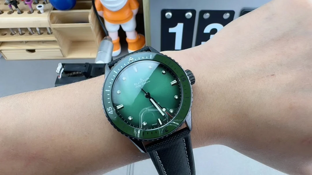 Blancpain Fifty Fathoms Green Dial — photographed off the sweep