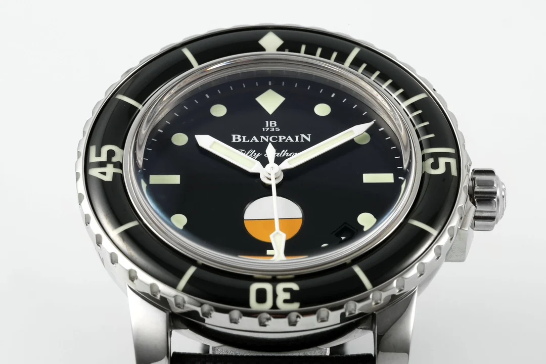 Blancpain Fifty Fathoms Steel Black Dial — photographed off the sweep