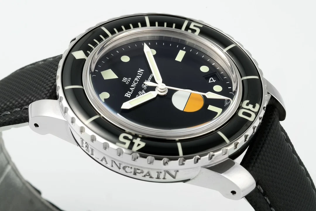 Blancpain Fifty Fathoms Steel Black Dial — photographed off the sweep