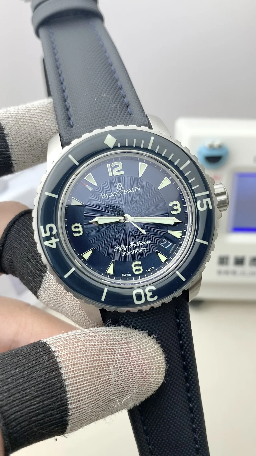 Blancpain Fifty Fathoms Steel Blue Dial — photographed off the sweep
