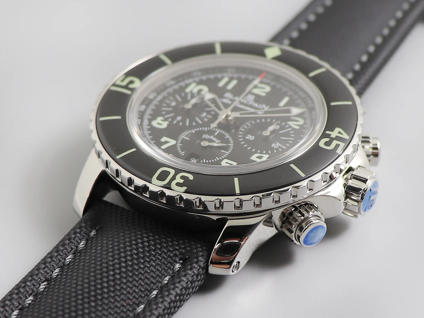 Blancpain Fifty Fathoms Steel Diamond-Set 45 × 15.5mm — photographed off the sweep