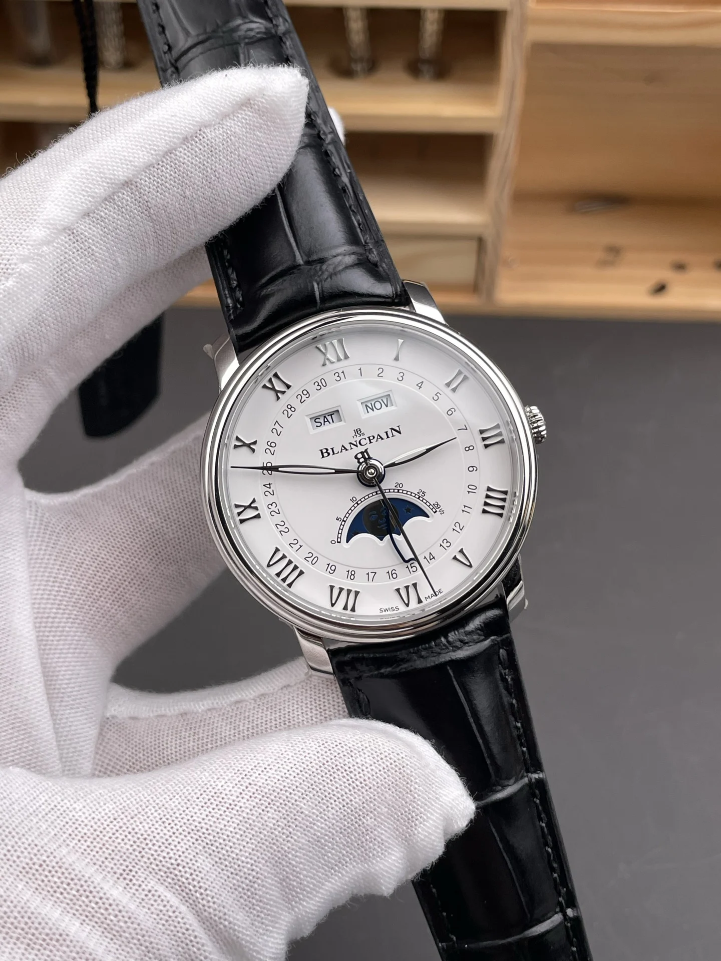 Blancpain Moon Phase White Dial 40mm — photographed off the sweep