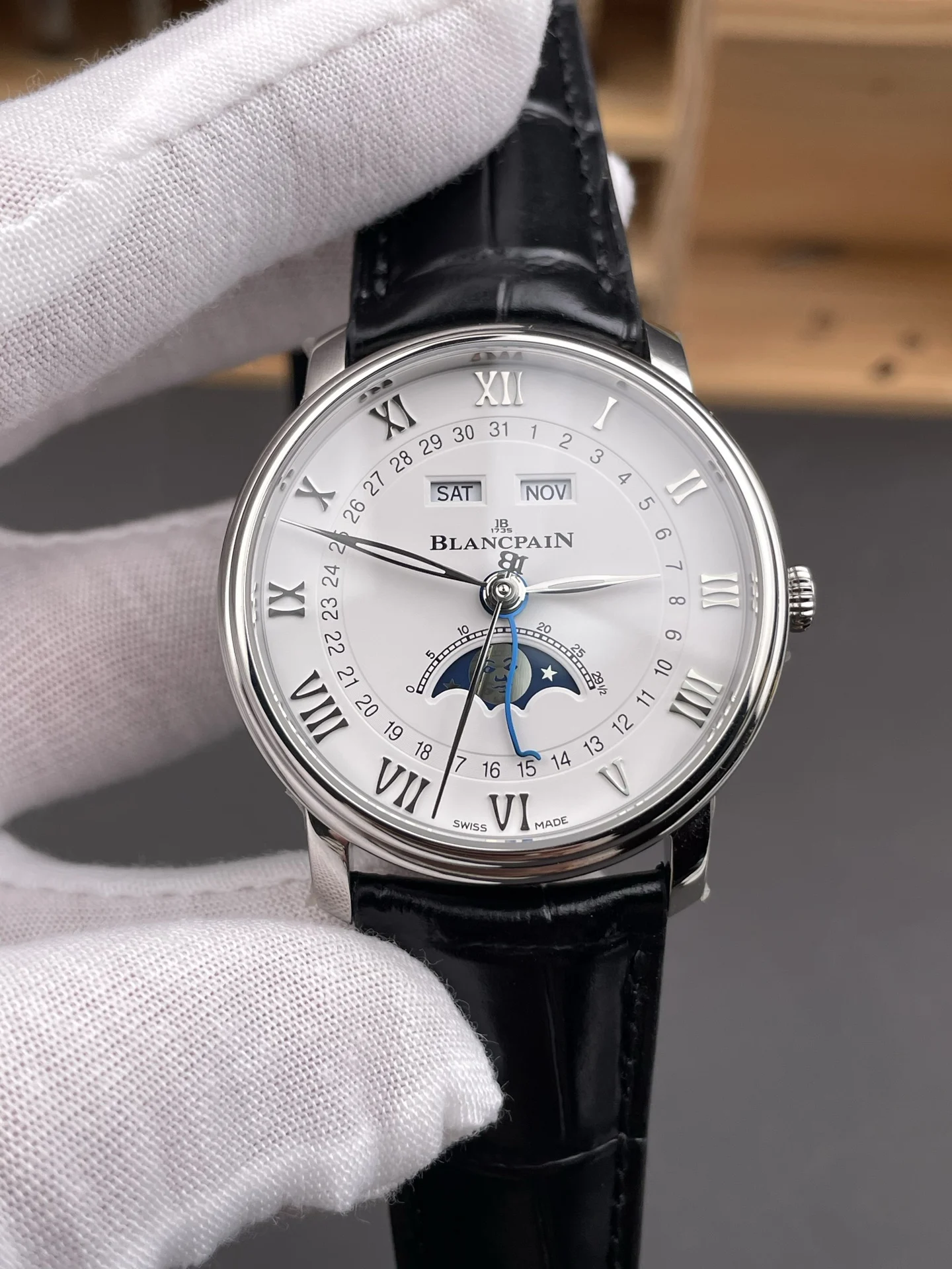 Blancpain Moon Phase White Dial 40mm — photographed off the sweep