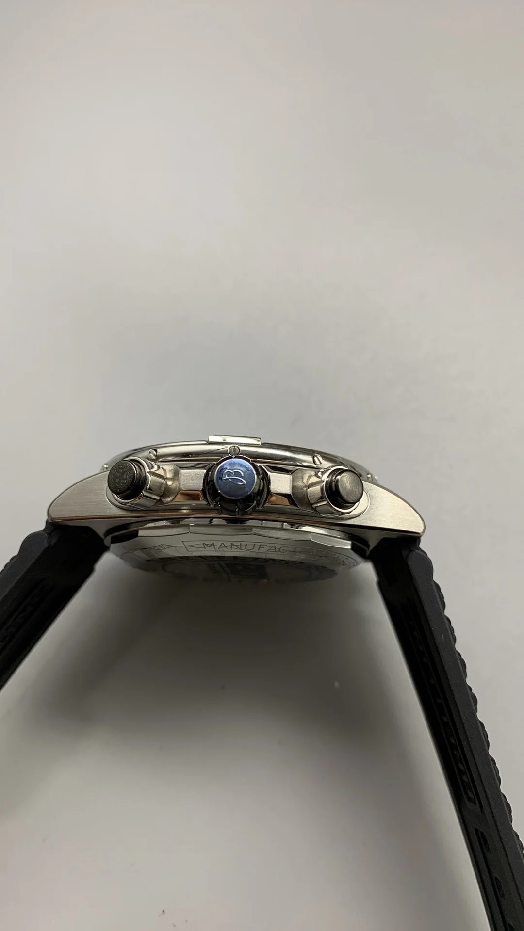 BLS, bullet-link bracelet, gray, ceramic bezel — photographed off the sweep