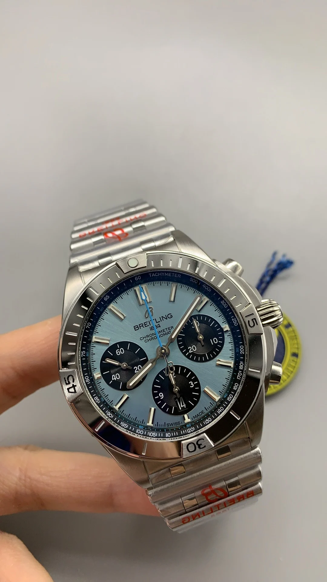 Bls, bullet-link bracelet, ice blue — photographed off the sweep