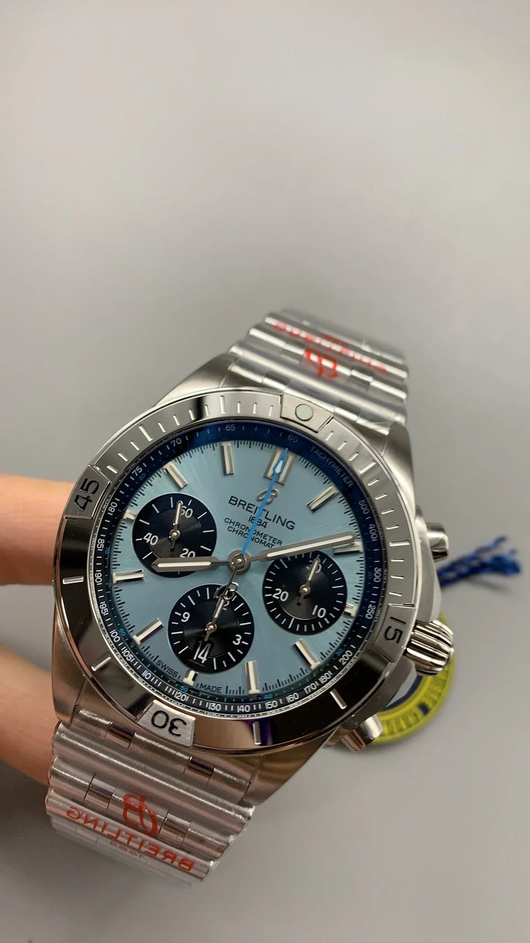 Bls, bullet-link bracelet, ice blue — photographed off the sweep