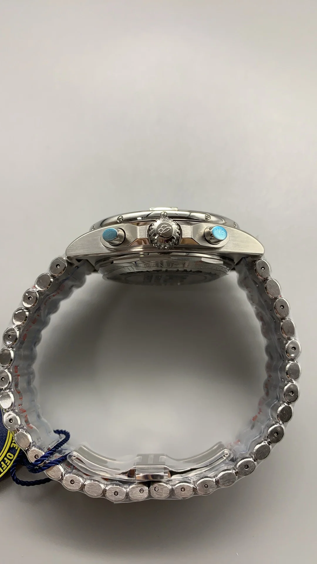 Bls, bullet-link bracelet, ice blue — photographed off the sweep