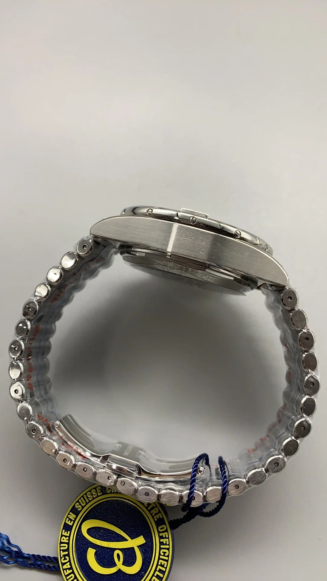 Bls, bullet-link bracelet, ice blue — photographed off the sweep
