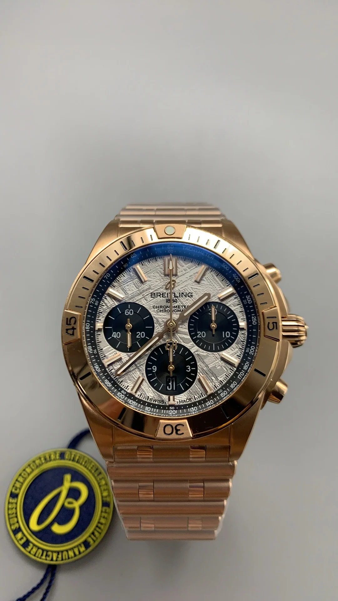 Bls, rose gold, bullet-link bracelet, meteorite dial — photographed off the sweep