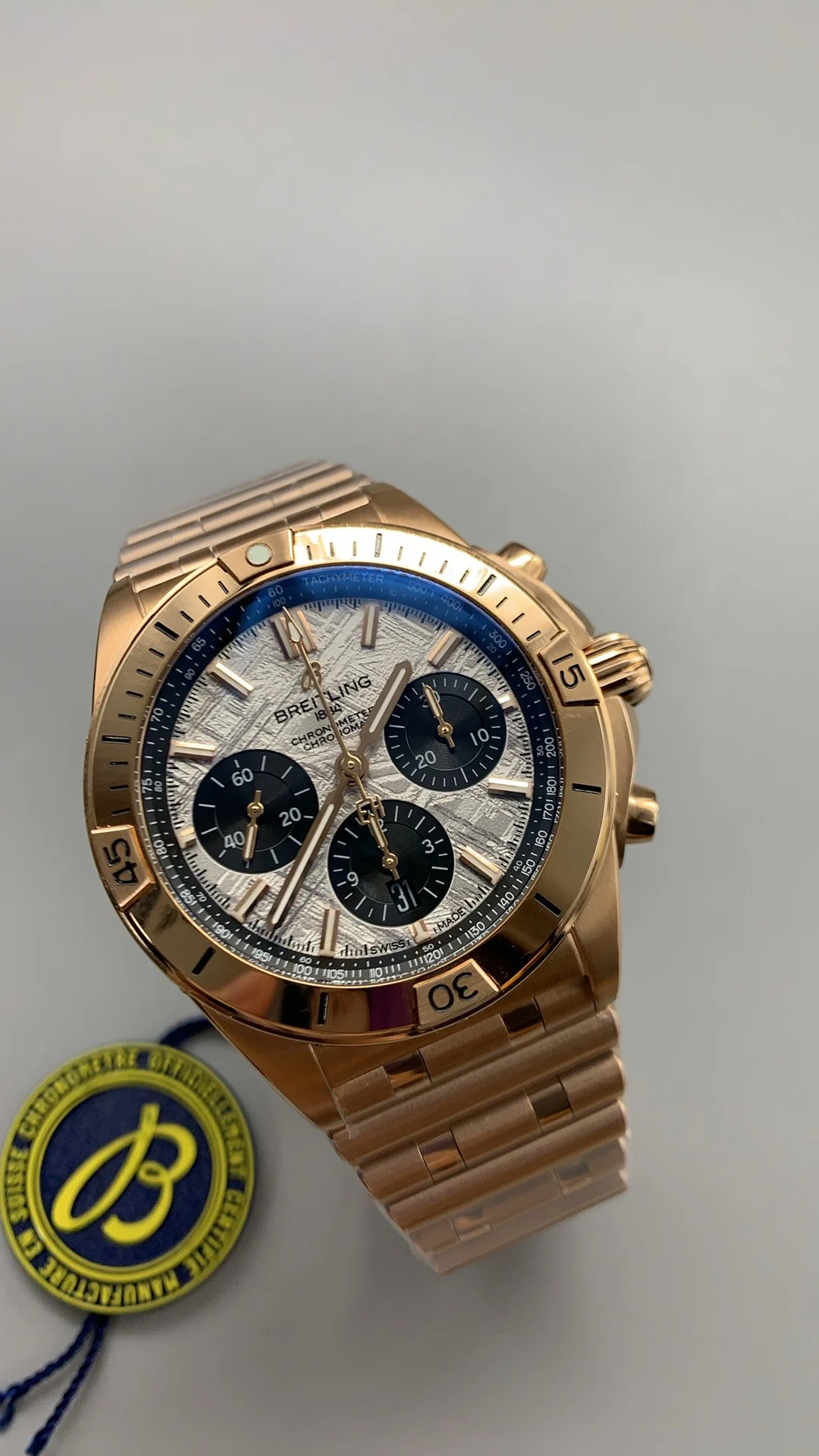 Bls, rose gold, bullet-link bracelet, meteorite dial — photographed off the sweep