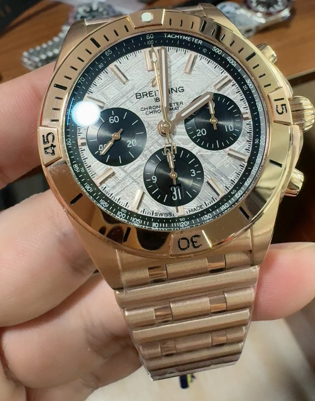 Bls, rose gold, bullet-link bracelet, meteorite dial — photographed off the sweep