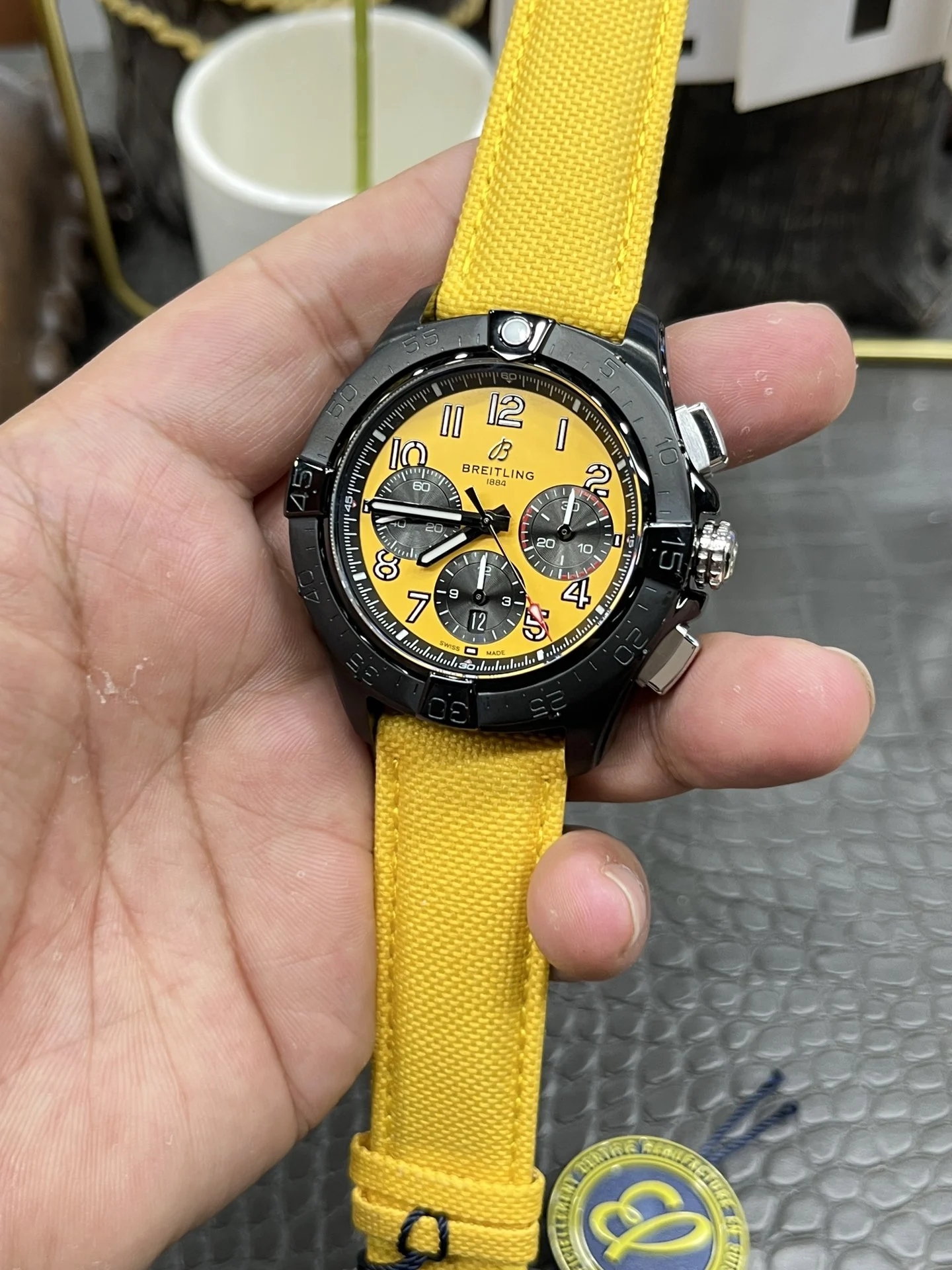 Breitling Avenger Yellow Dial 44mm — photographed off the sweep